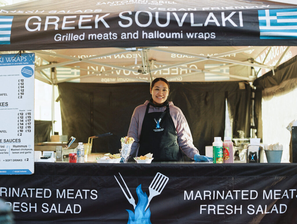 food market trader selling Greek street food at Marylebone Station